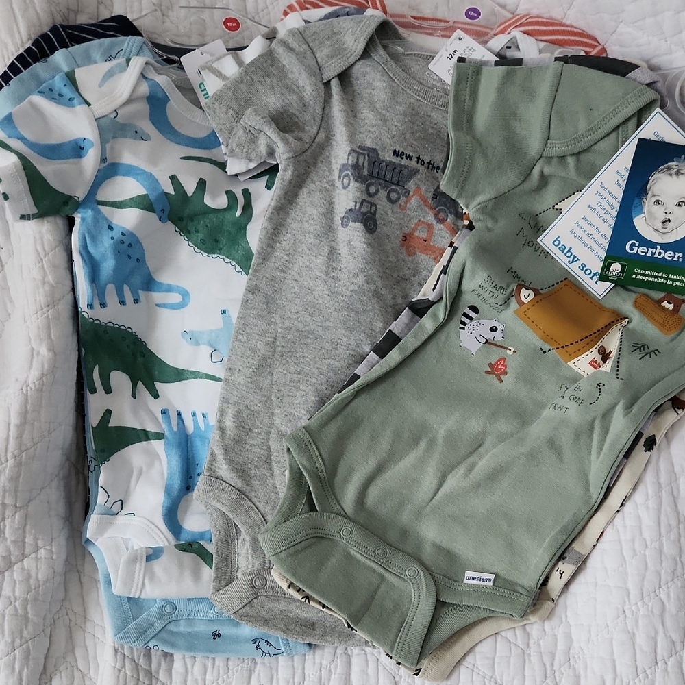 NWT Gerber & Carters Baby Bodysuits with Dinosaur and Vehicle Prints